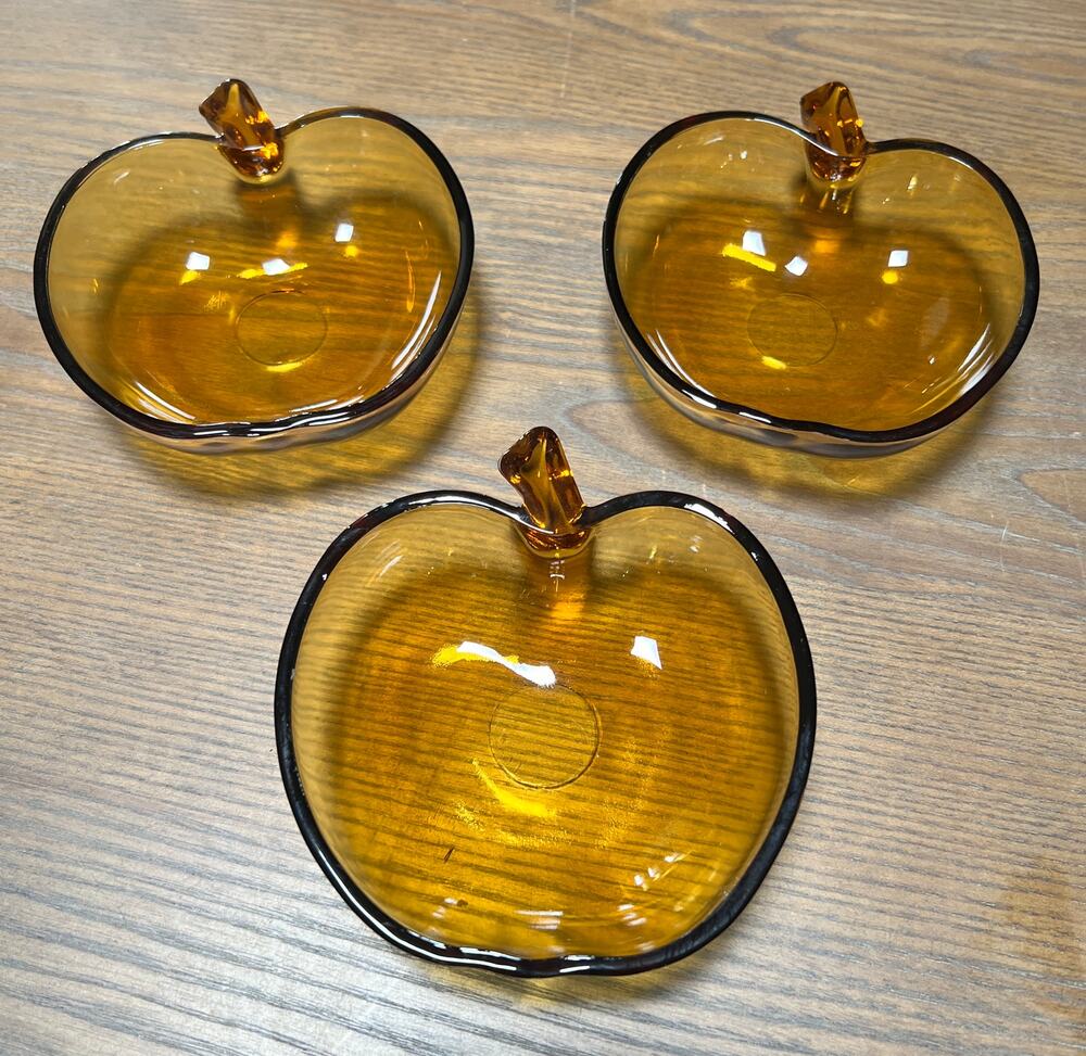 Vintage Hazel Atlas Orchard Amber Glass Apple Bowls Set of 3 5-6" MCM